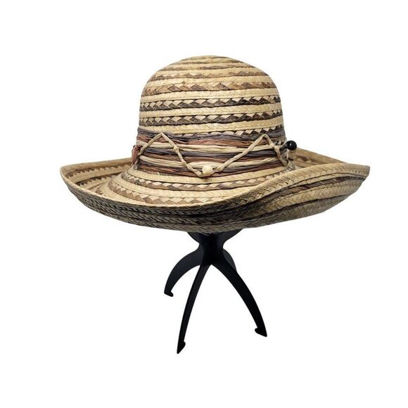 Scala Collection Womens Woven Straw Sun Hat Chevron Beaded Wide Brim Tan Brown - Picture 6 of 10